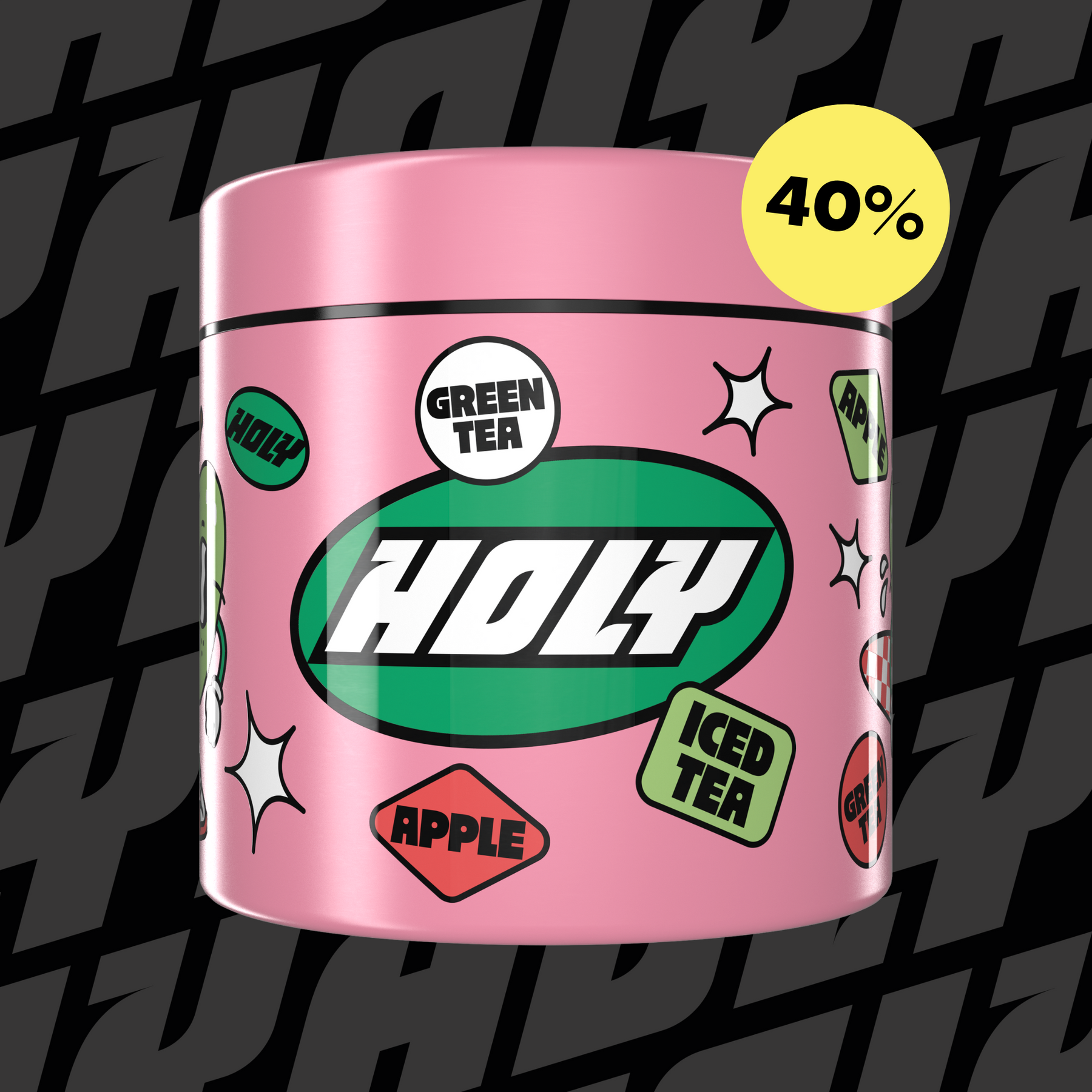 Rosa Pappdose mit bunten Aufklebern und der Aufschrift "HOLY" vor schwarzem Hintergrund mit 40%-Rabatt-Abzeichen.