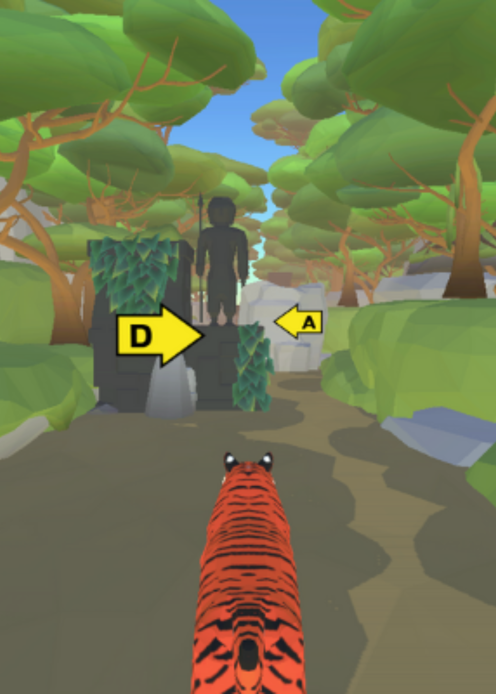 Ein Tiger auf einem Pfad im Wald, vor ihm eine dunkle Statue und zwei gelbe Pfeile mit den Buchstaben "D" und "A".