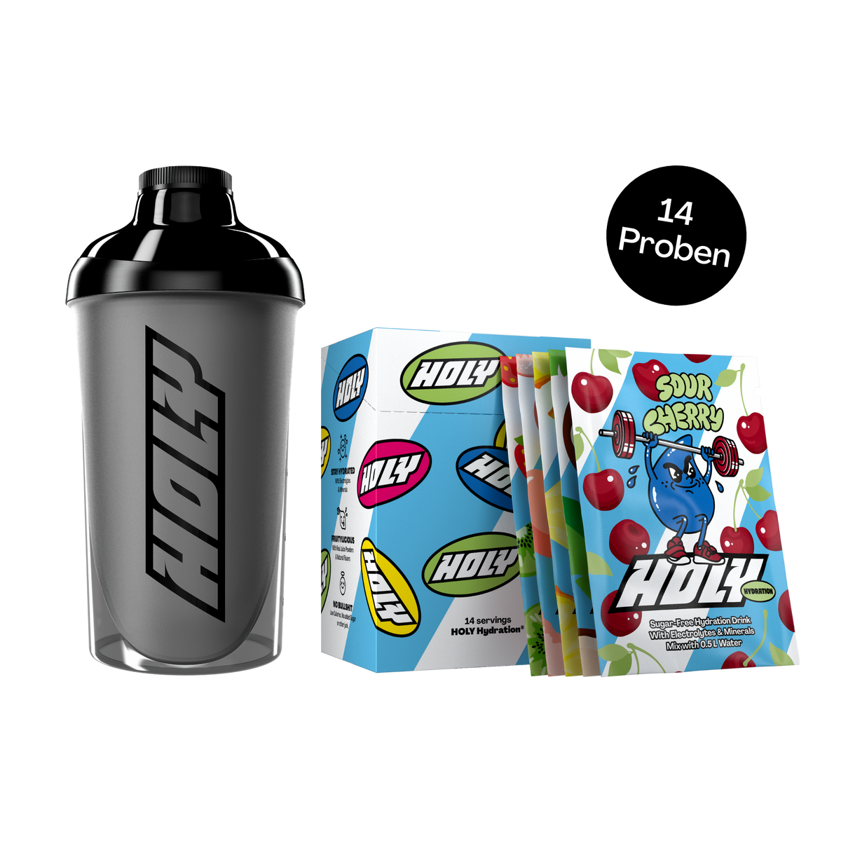 Schwarzer Shaker neben einer blau-weißen Box mit 14 Sour Cherry Probepackungen.