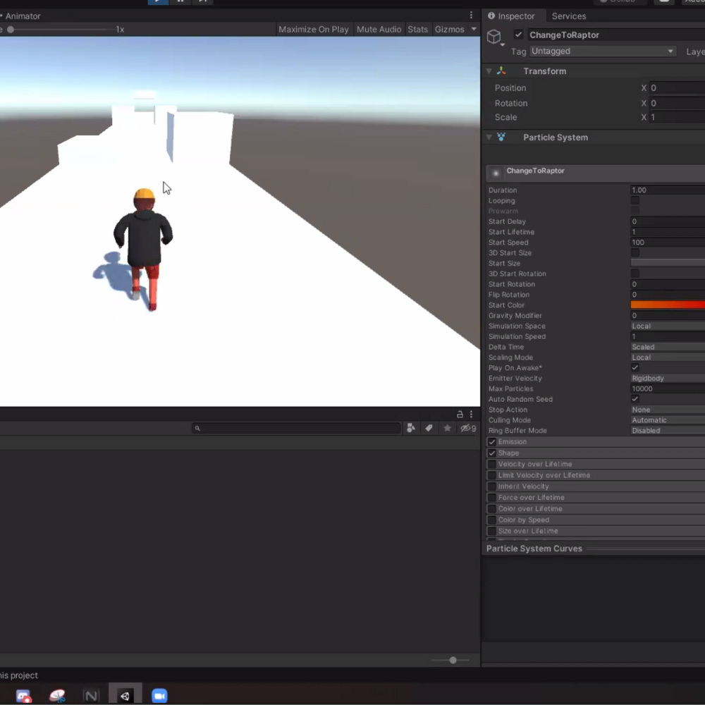 Eine Figur in einem schwarzen Outfit und orangefarbenen Hut läuft in einer digitalen weißen Umgebung innerhalb einer Software.