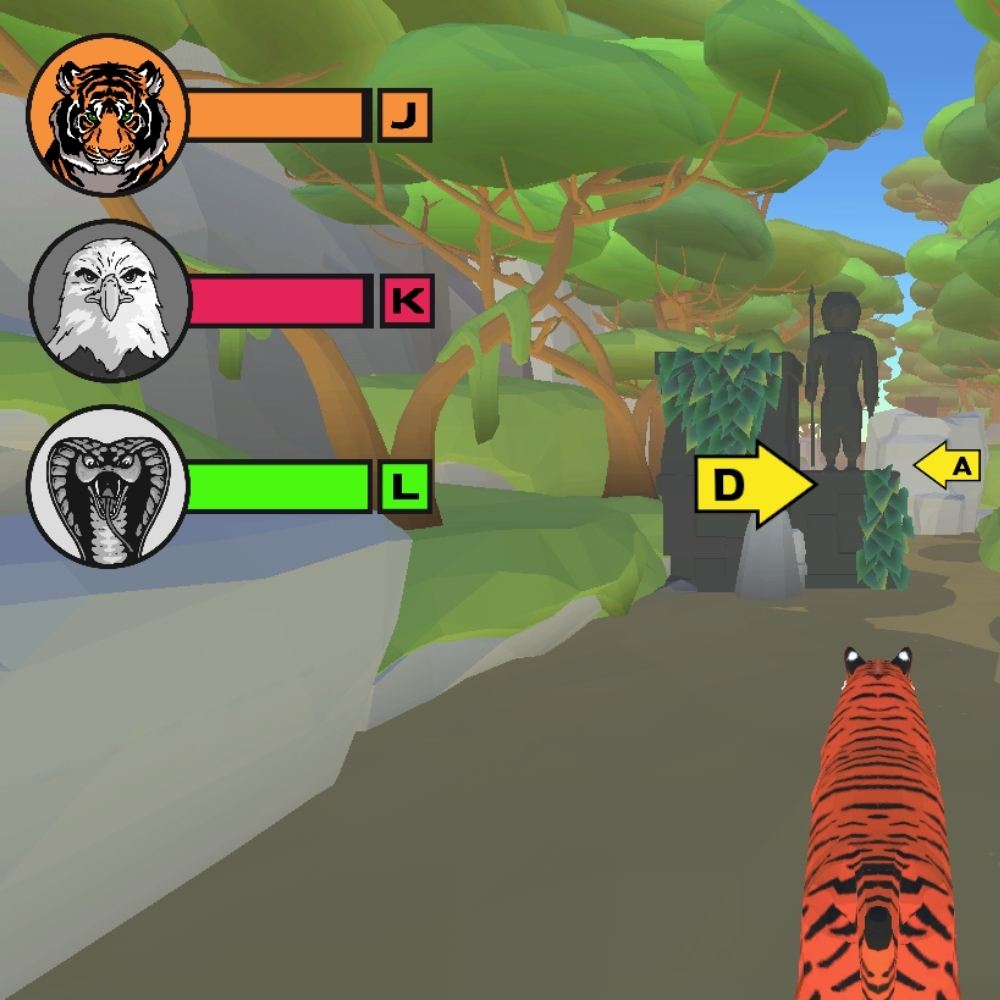 Videospielszene: Ein Tiger läuft durch einen Wald. Links sind Tier-Icons mit Buchstaben. Pfeile zeigen den Weg.
