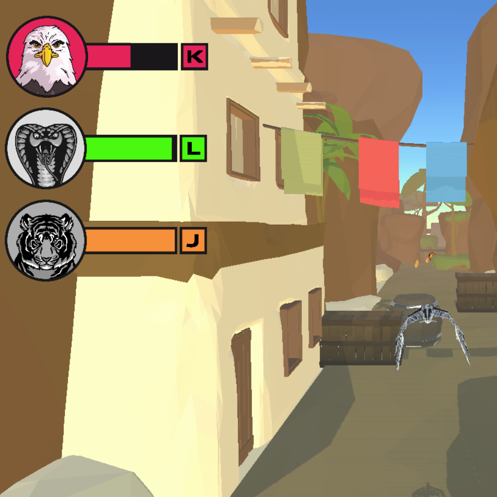 Dreidimensionale Spiellandschaft mit Gebäuden, Balken mit Tierabbildungen und Flügeln eines fliegenden Wesens.