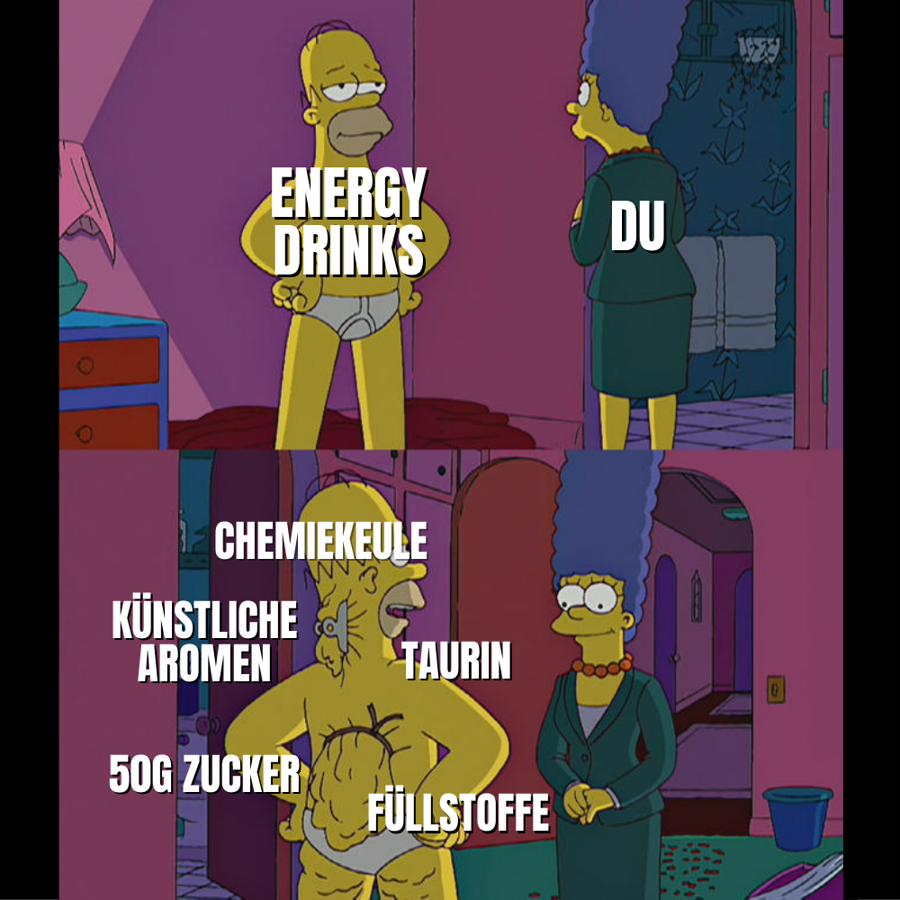 Comic-Figur spricht mit einer Frau; Text beschreibt Bestandteile von Energy-Drinks, wie Zucker und künstliche Aromen.