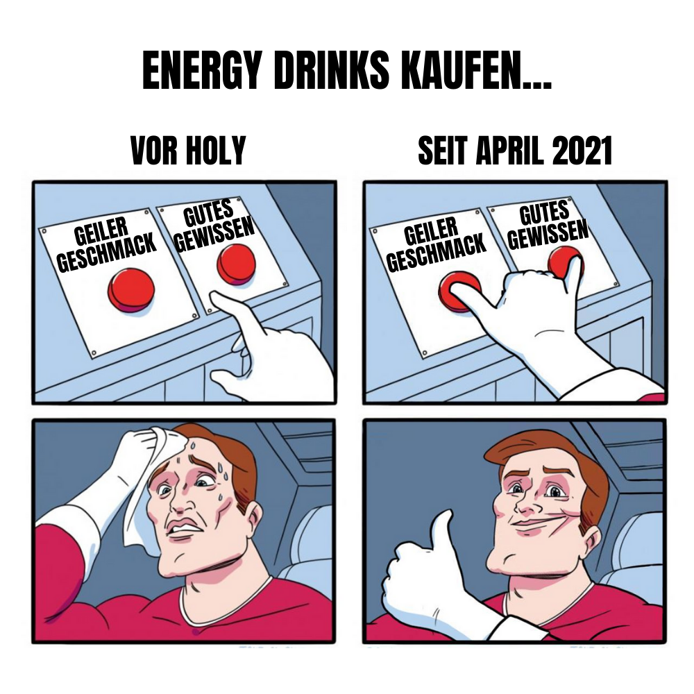 Comic über Energy-Drink-Entscheidung, zuerst gestresst, dann zufrieden mit beidem: Geschmack und Gewissen.