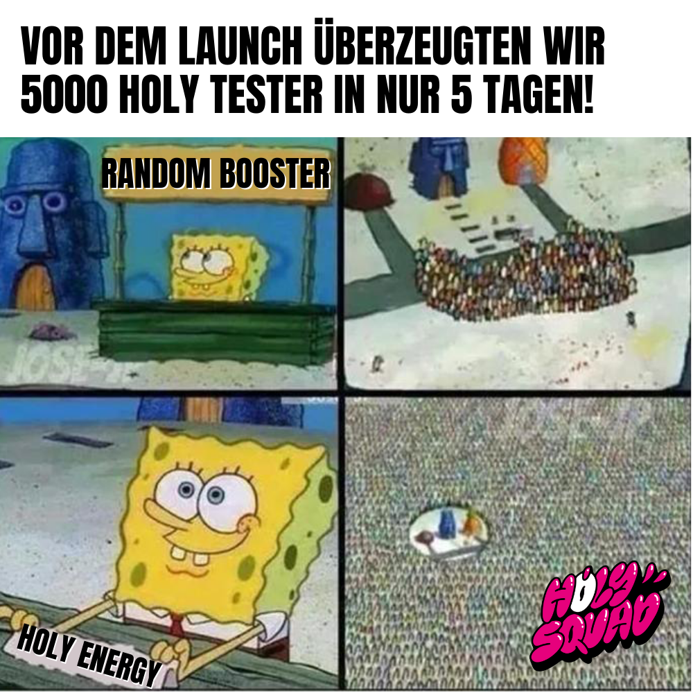 Comic mit SpongeBob, der anfangs wenige und später viele Kunden hat, mit Text über erfolgreiche Produkttester.