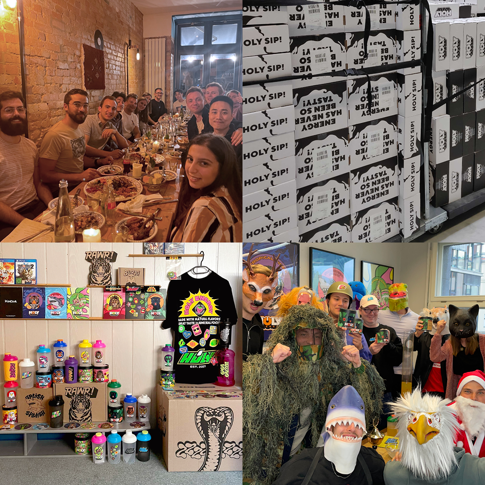 Oben links: Menschen bei einem Essen. Oben rechts: Stapel von Kartons. Unten links: Regale mit Pappdosen und Shakern. Unten rechts: Verkleidete Menschen.