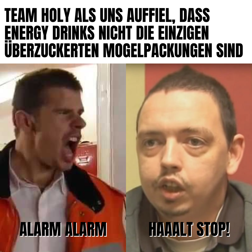 Collage mit zwei Männern, einer ruft "ALARM ALARM", der andere sagt "HAAALT STOP!". Text oben zur Überzuckerung.