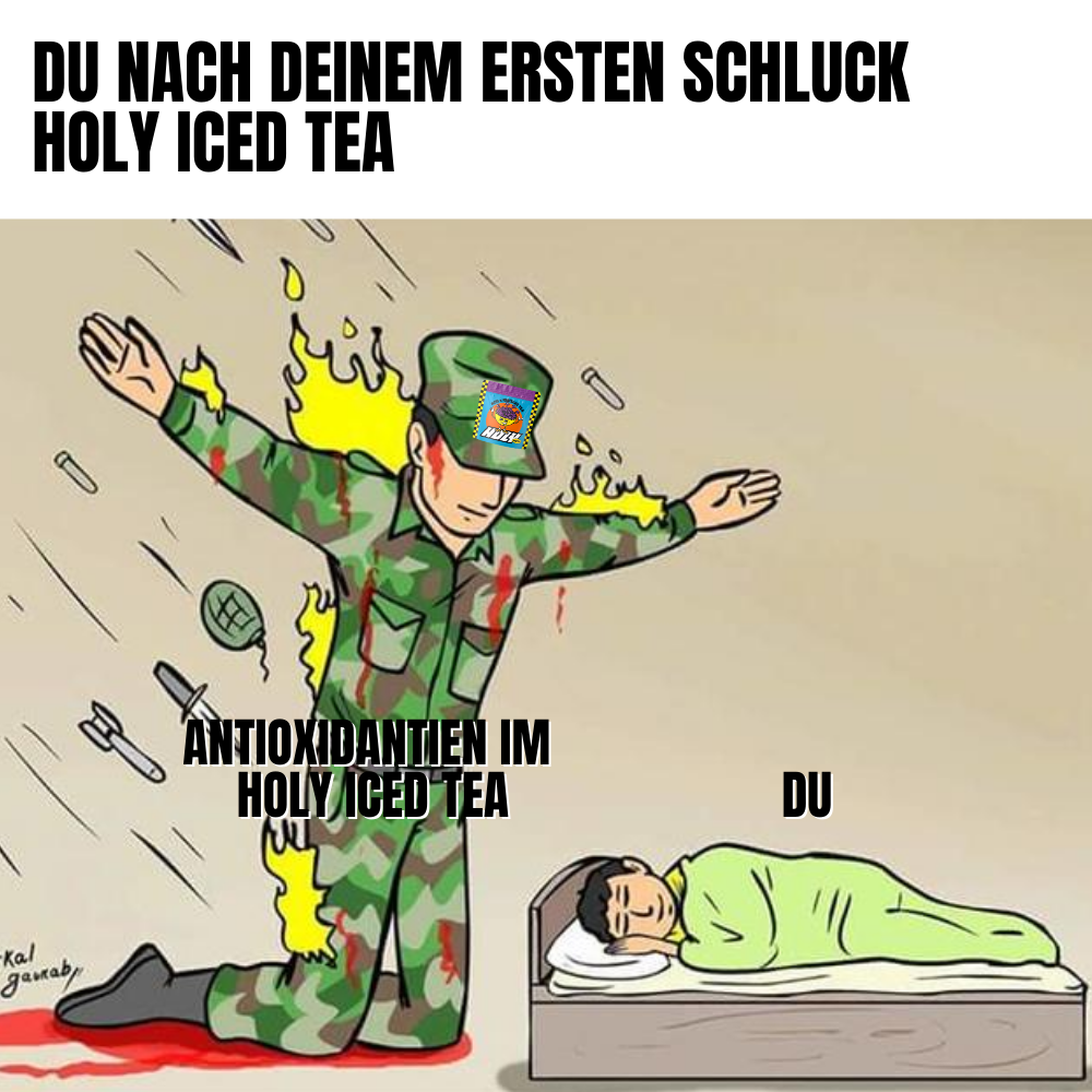 Ein Soldat schützt eine schlafende Person vor Gefahr, mit Text über Antioxidantien im Holy Iced Tea.