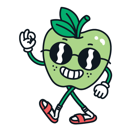 Tanzender grüner Apfel mit Sonnenbrille, der fröhlich und entspannt aussieht.