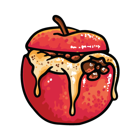 Ein gezeichneter roter Apfel, aus dem karamellartige Flüssigkeit und braune Nüsse herausquellen.