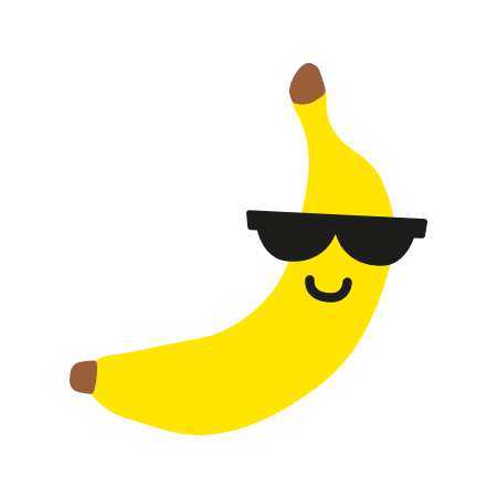 Eine gezeichnete Banane mit Sonnenbrille und einem Lächeln.