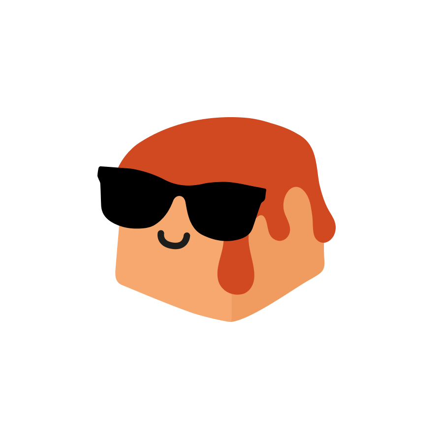 Freundliche Würfelfigur mit Sonnenbrille und rotem Haar.