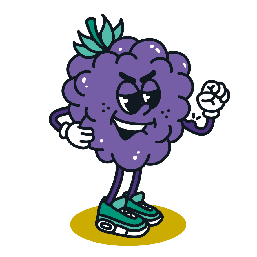 Anthropomorphe Brombeere mit Gesicht, Armen und Beinen, trägt grüne Schuhe und hat ein schelmisches Lächeln.