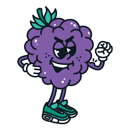 Zeichnung einer grinsenden, lila Beere mit Gesicht, Armen und Beinen in grünen Schuhen.