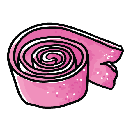 Rosa, aufgerolltes Fruchtgummi-Band mit Zuckerkristallen.