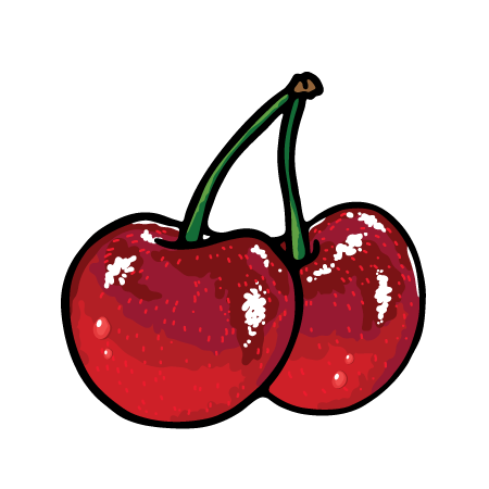 Zwei rote Kirschen mit Stielen auf schwarzem Hintergrund.