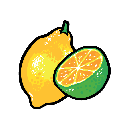 Illustration einer ganzen Zitrone neben einer halbierten Zitrone auf schwarzem Hintergrund.