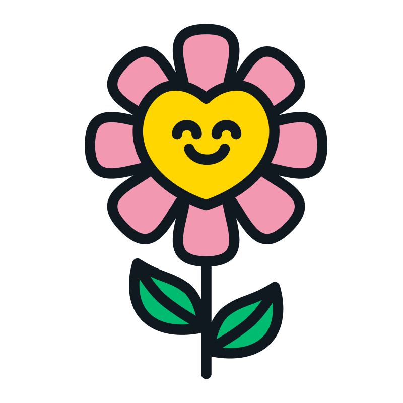 Bunte Grafik einer Blume mit rosa Blütenblättern und einem gelben, lachenden Herz in der Mitte.
