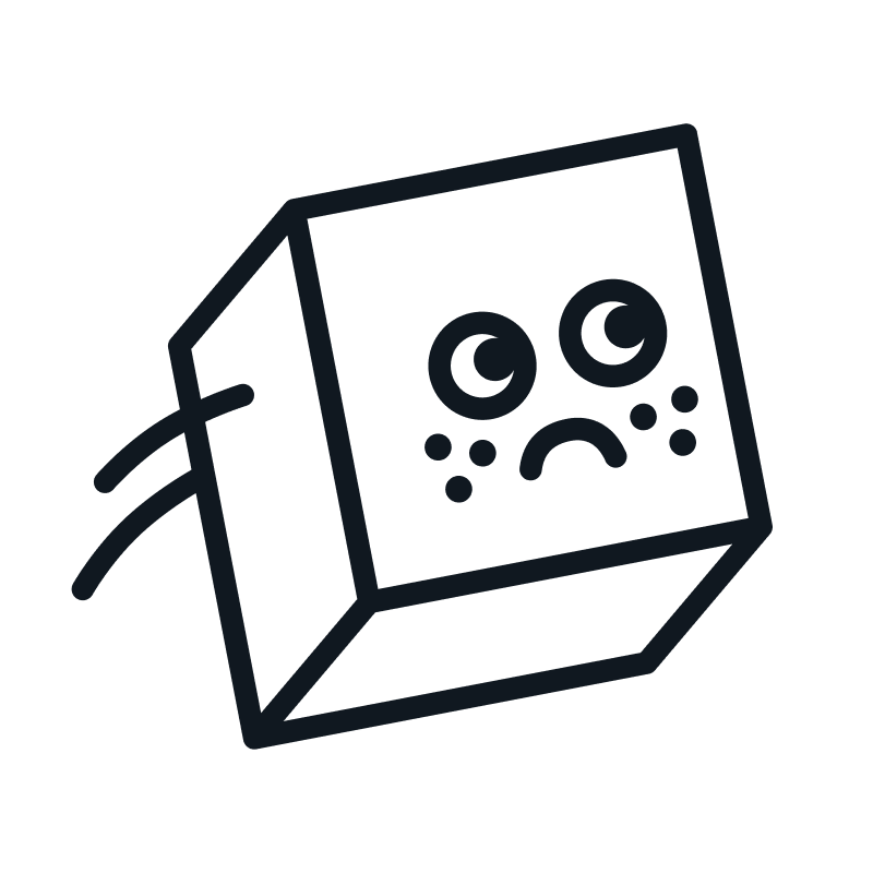 Würfelförmiges Emoji mit traurigem Gesichtsausdruck, runden Augen und schräg gestellten Mundwinkeln auf weißem Hintergrund.