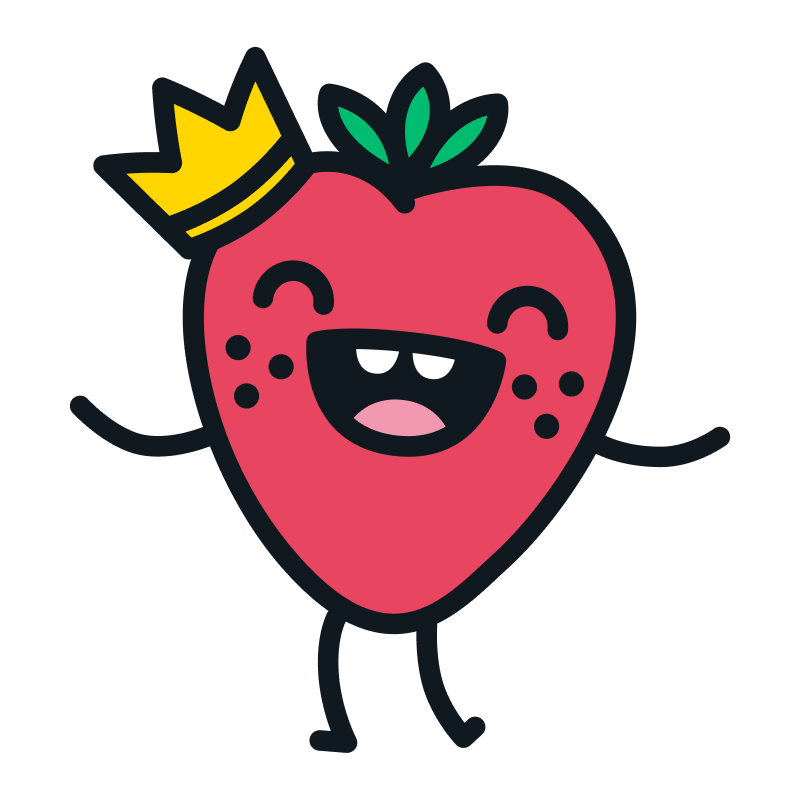 Fröhliche, gezeichnete Erdbeere mit Krone, Gesicht und Armen.