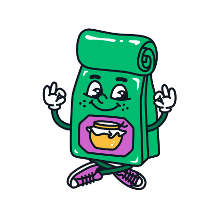 Fröhliches, tanzendes, grünes Päckchen mit Smiley-Gesicht und einer Honigglas-Abbildung auf der Vorderseite.