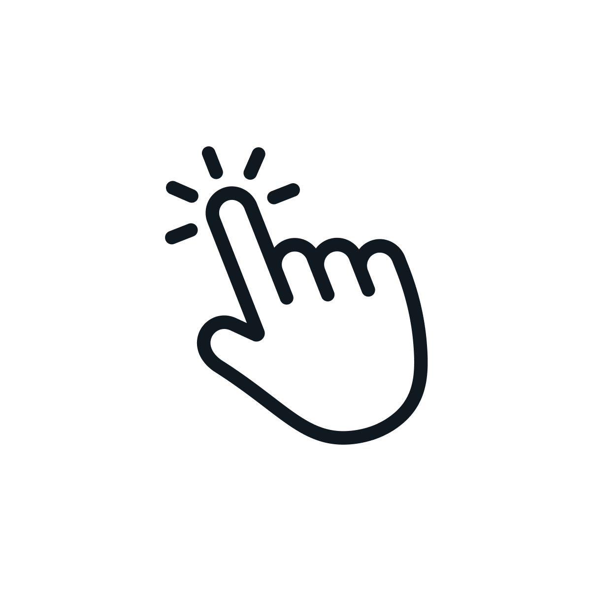 Schwarz-weißes Symbol einer Hand mit klickendem Zeigefinger und kleinen Linien, die eine Berührung andeuten.