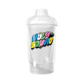 Ein transparenter Shaker mit bunter Aufschrift "HOLY SQUAD" in verschiedenen Farben auf der Vorderseite.