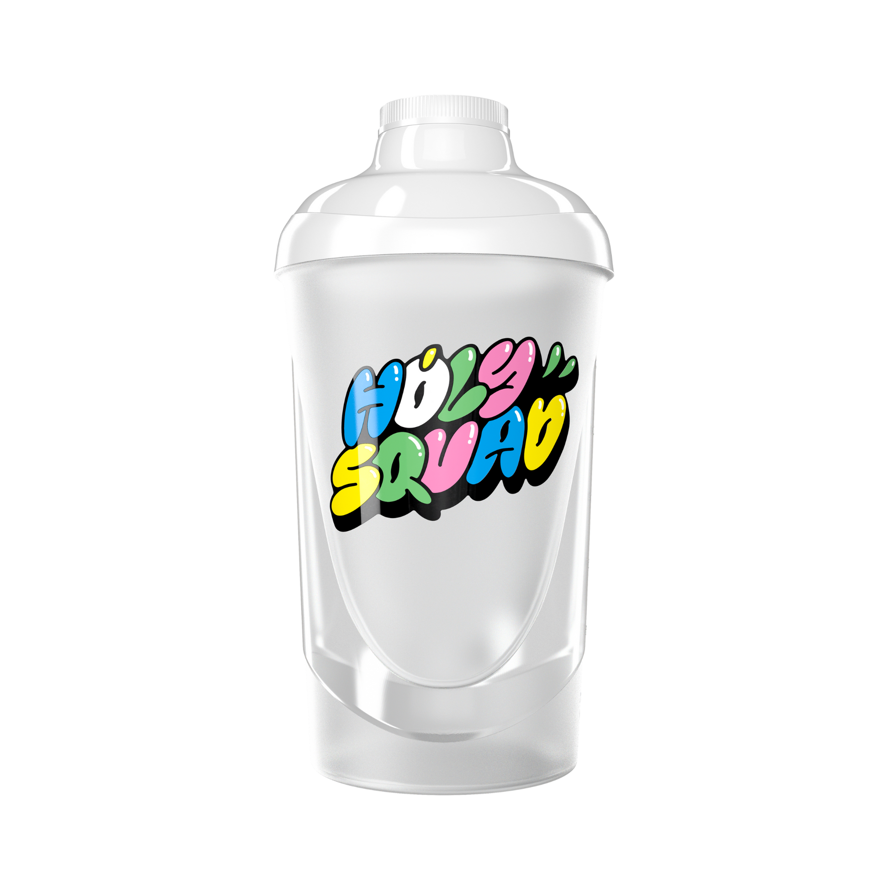 Ein transparenter Shaker mit bunter Aufschrift "HOLY SQUAD" in verschiedenen Farben auf der Vorderseite.