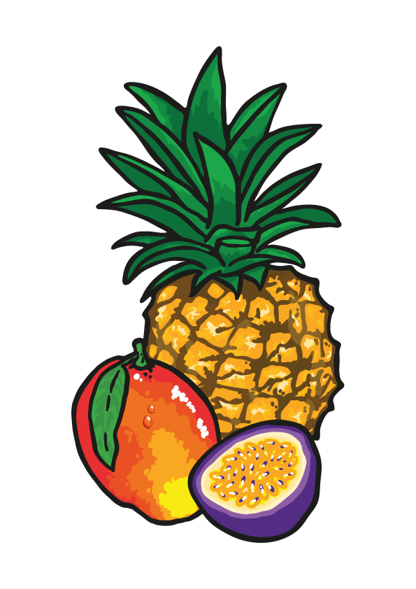 Illustration von Ananas, Mango und einer halben Passionsfrucht nebeneinander.