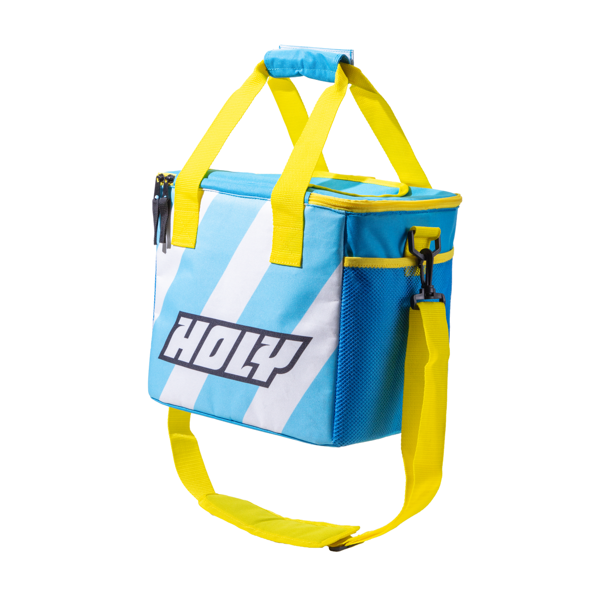 Blaue und weiße Kühltasche mit gelben Griffen und Schultergurt, Aufschrift "HOLY".
