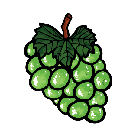 Eine gezeichnete Traube mit grünen Beeren und einem grünen Blatt.