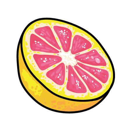 Illustration einer halben Grapefruit mit rosa Fruchtfleisch auf schwarzem Hintergrund.