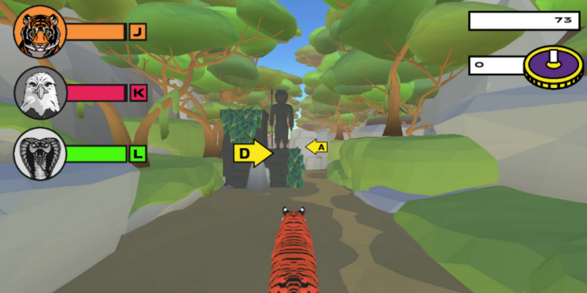 Erstes-Person-Spielansicht eines Tigers, der durch einen Wald läuft, mit Pfeilen und Figuren im Hintergrund.