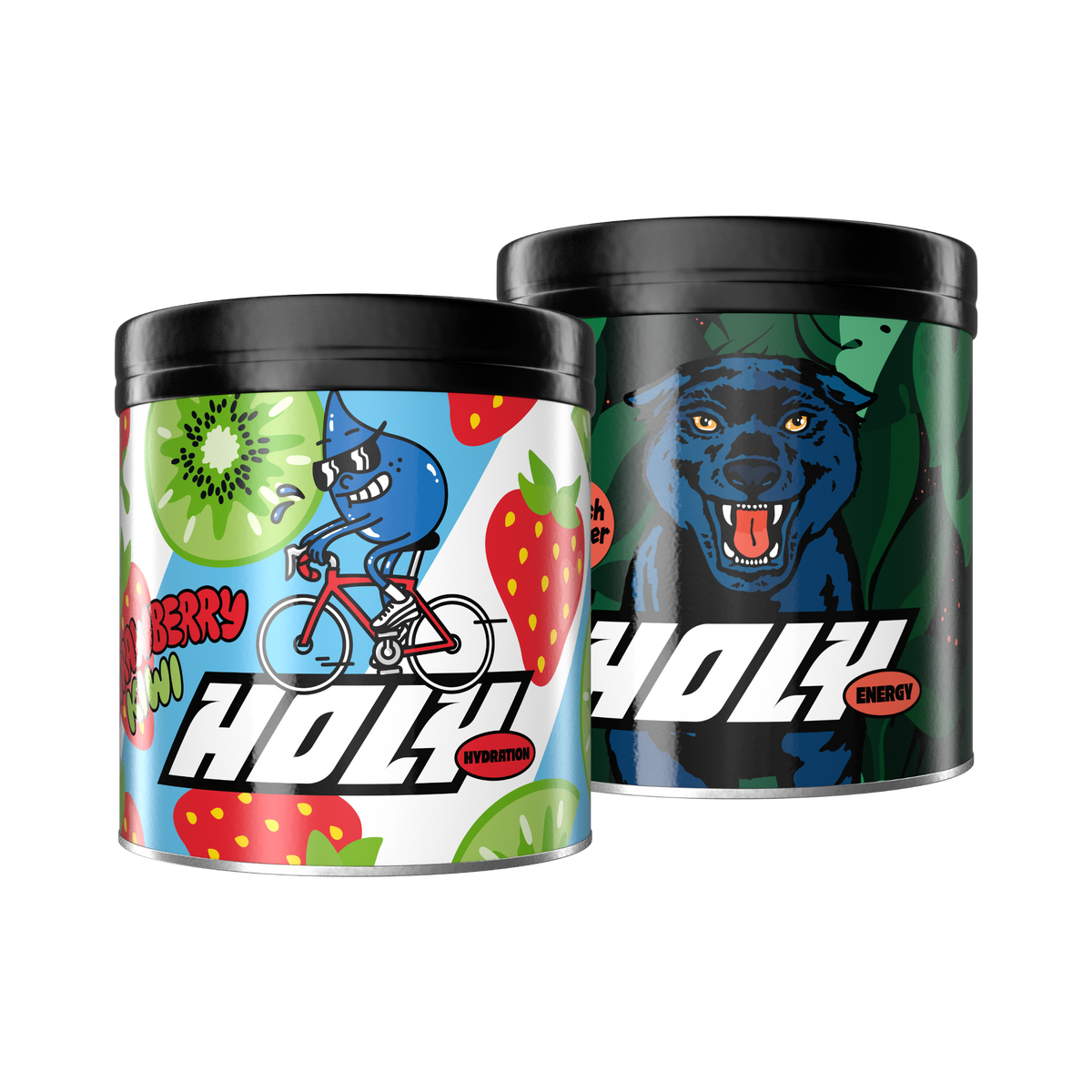 Zwei bunte Pappdosen mit Cartoon-Designs, eine mit Kiwi und Erdbeeren, die andere mit einem blauen Panther.