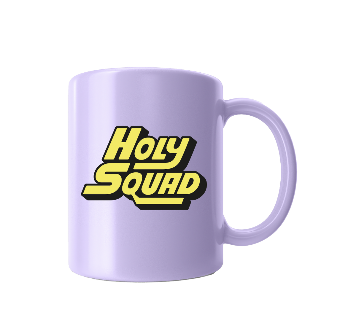 Hellviolette Tasse mit gelbem "Holy Squad" Aufdruck in fettem Schriftzug.