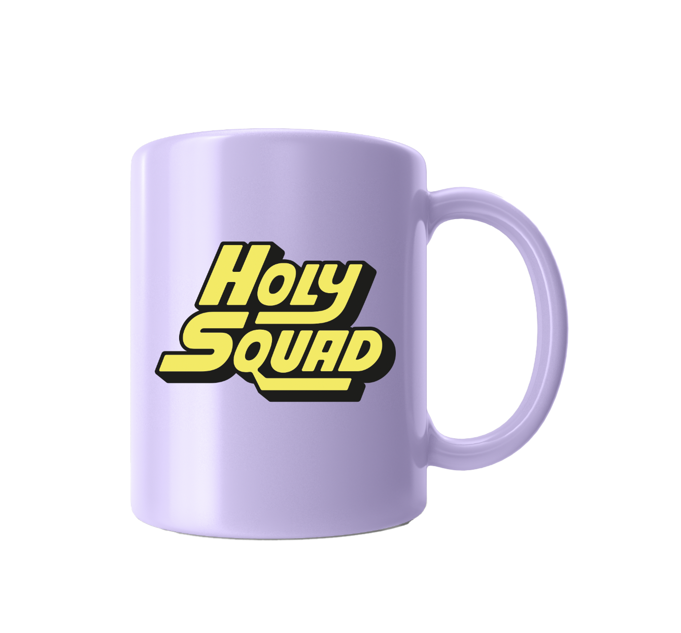 Hellviolette Tasse mit gelbem "Holy Squad" Aufdruck in fettem Schriftzug.