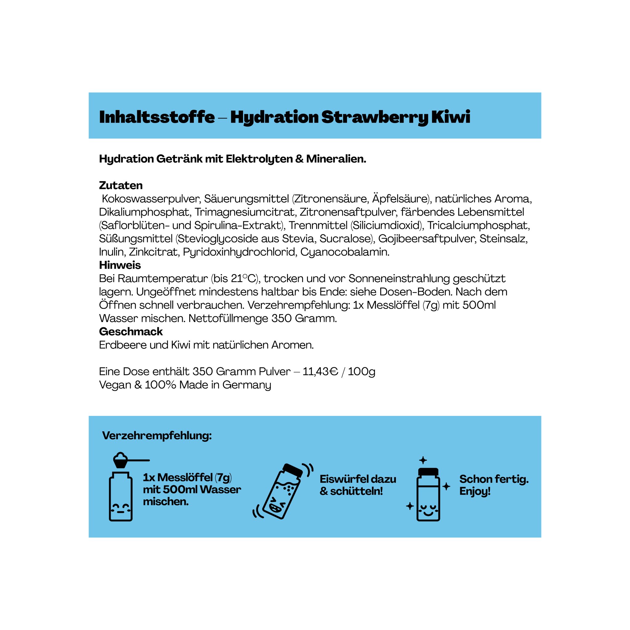Zutatenliste und Gebrauchsanweisung für ein Hydration-Getränk mit Erdbeer-Kiwi-Aroma auf einer Informationskarte.