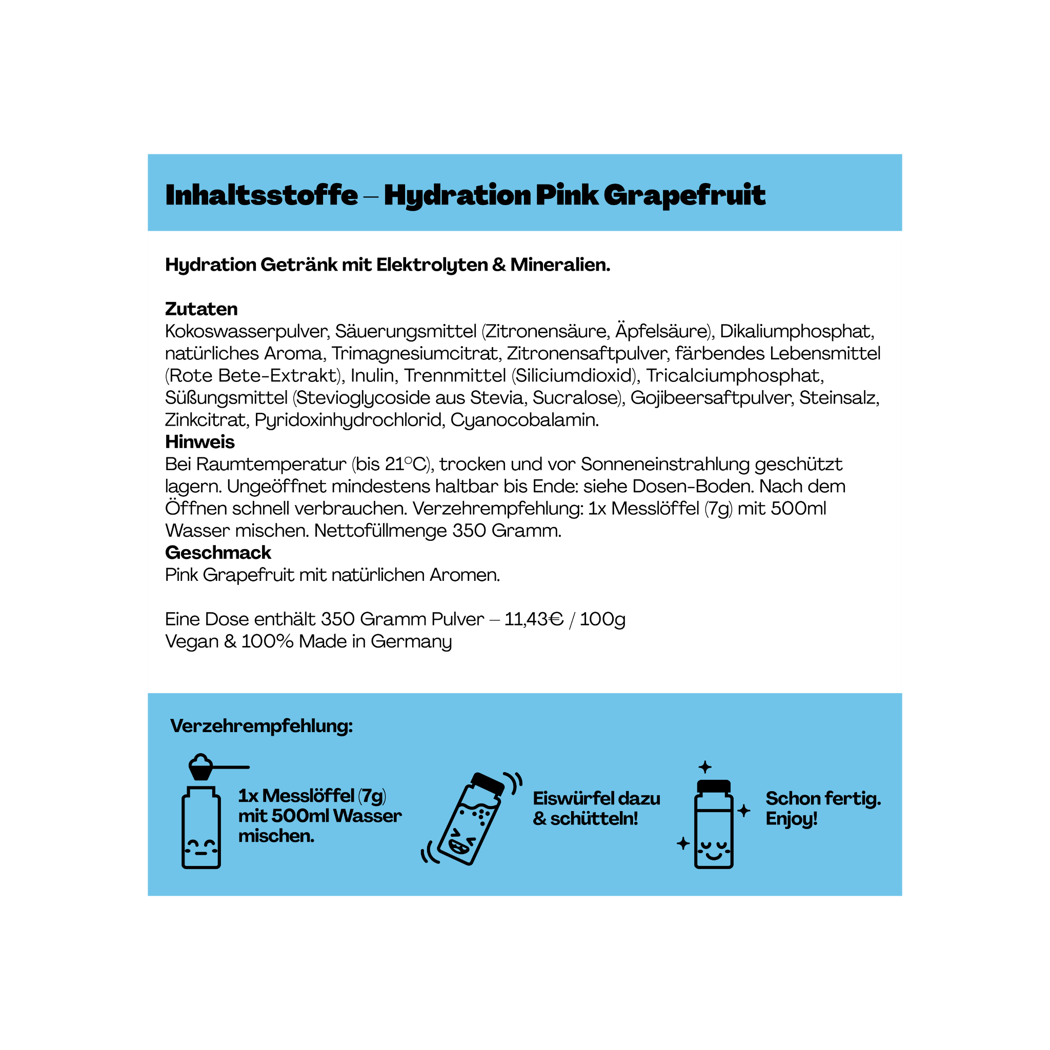 Etikett mit Inhaltsstoffen und Anweisungen für ein Hydrationsgetränk mit Geschmack Pink Grapefruit auf Deutsch.