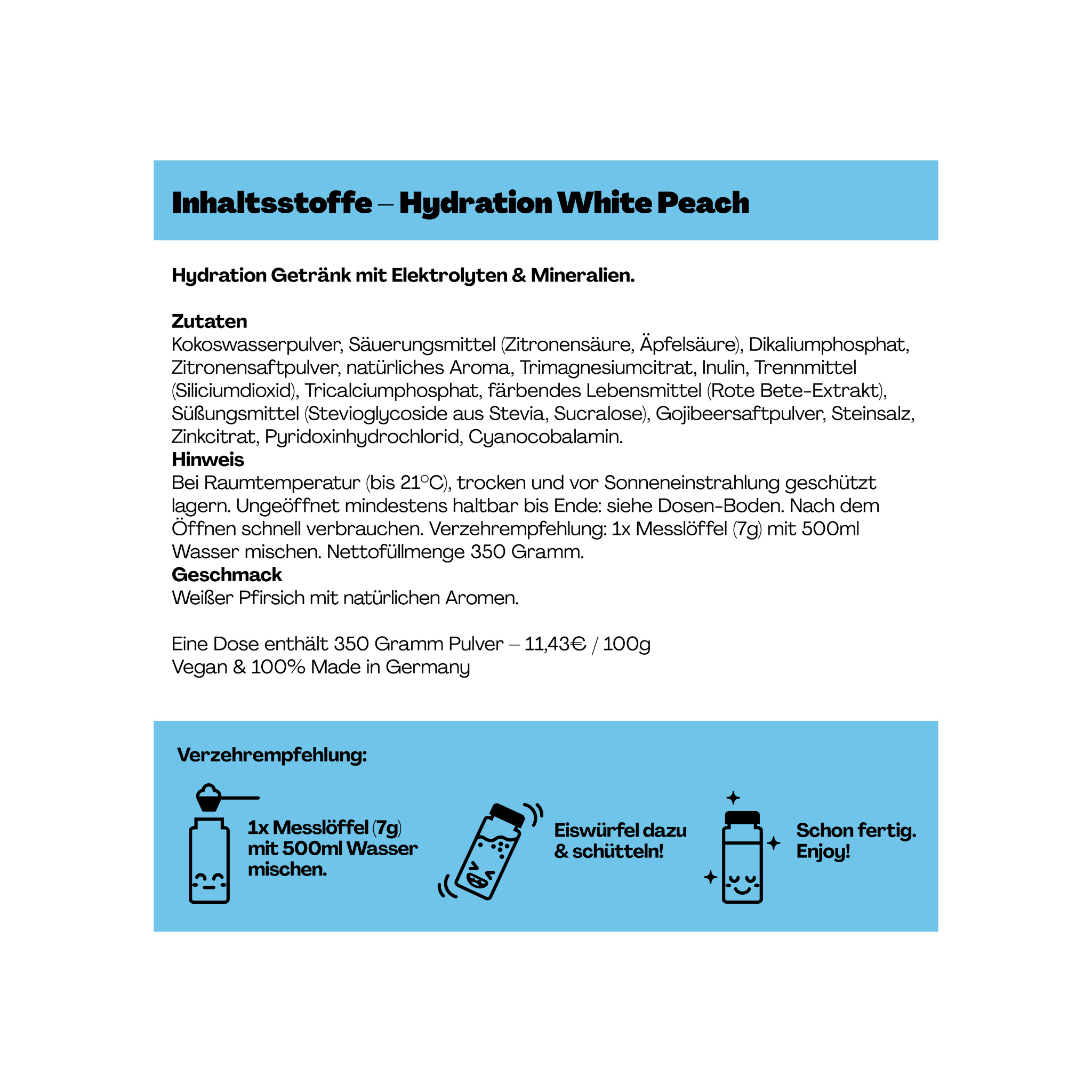 Etikett mit Inhaltsstoffen und Gebrauchsanweisung für ein Hydratationsgetränk mit weißem Pfirsichgeschmack.