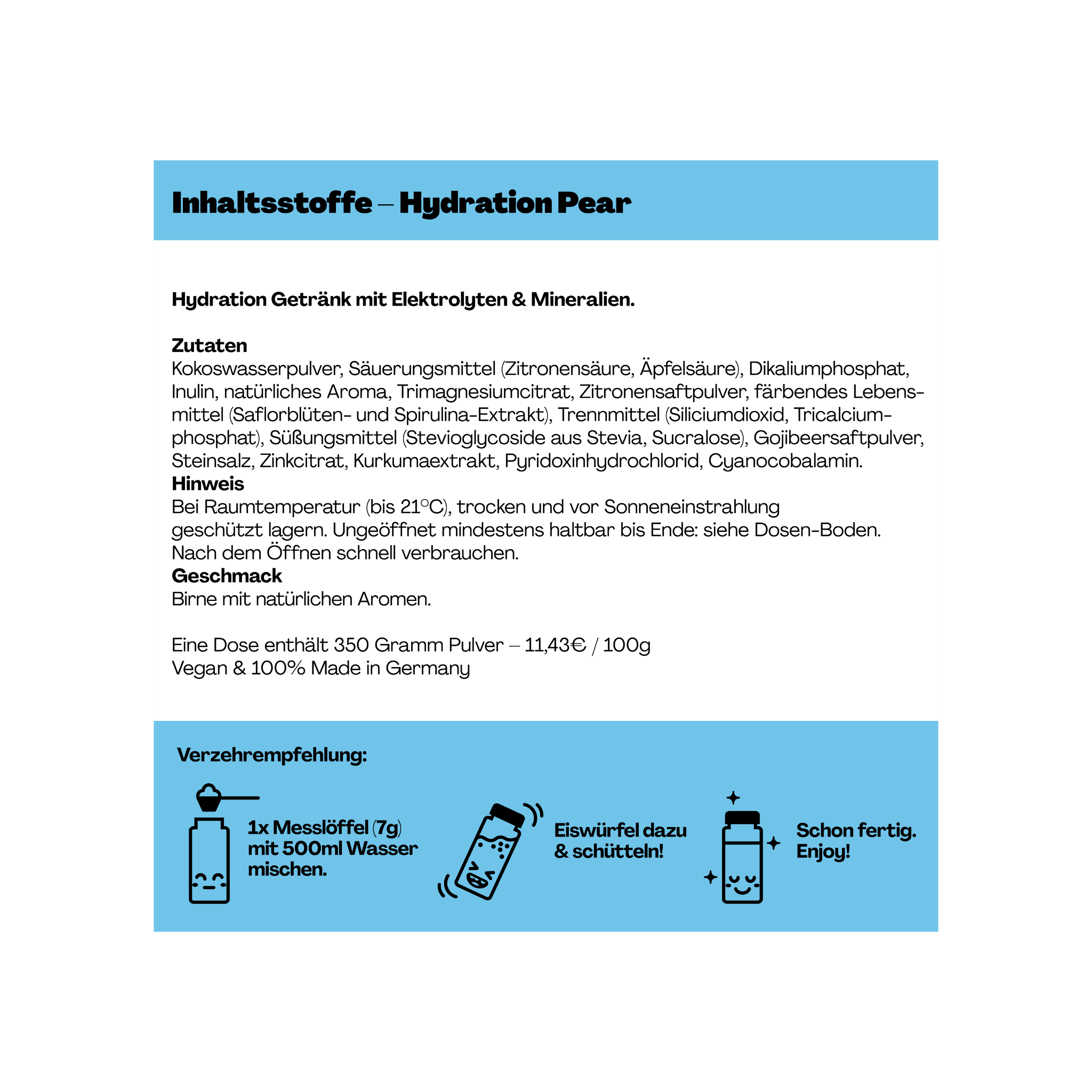 Etikett für "Hydration Pear" Getränk mit Inhaltsstoffen, Verzehrempfehlung und Lagerhinweisen, 350g Dose.