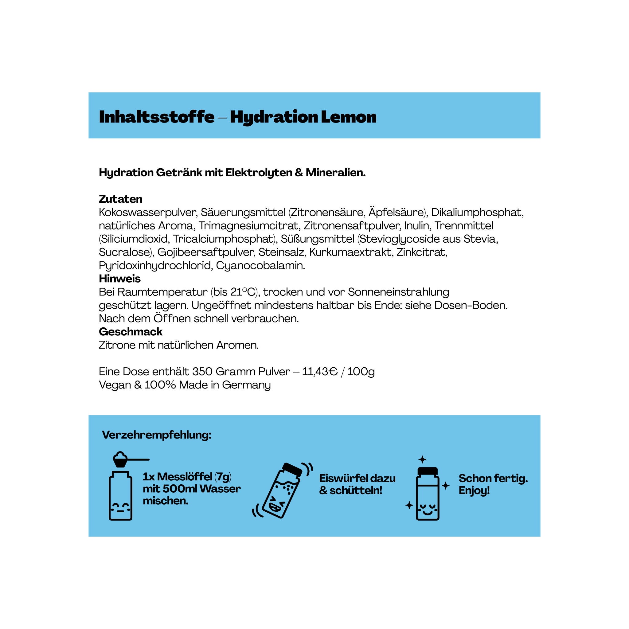 Verpackungsdesign für ein Getränkepulver "Hydration Lemon" mit Zutatenliste und Verzehrempfehlung auf blauem Hintergrund.