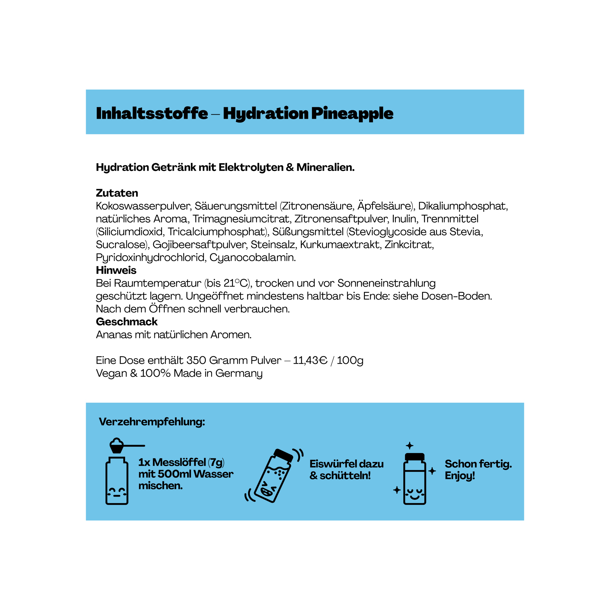 Eine Grafik zeigt die Inhaltsstoffe und Zubereitungshinweise eines Hydration Pineapple Getränkepulvers.