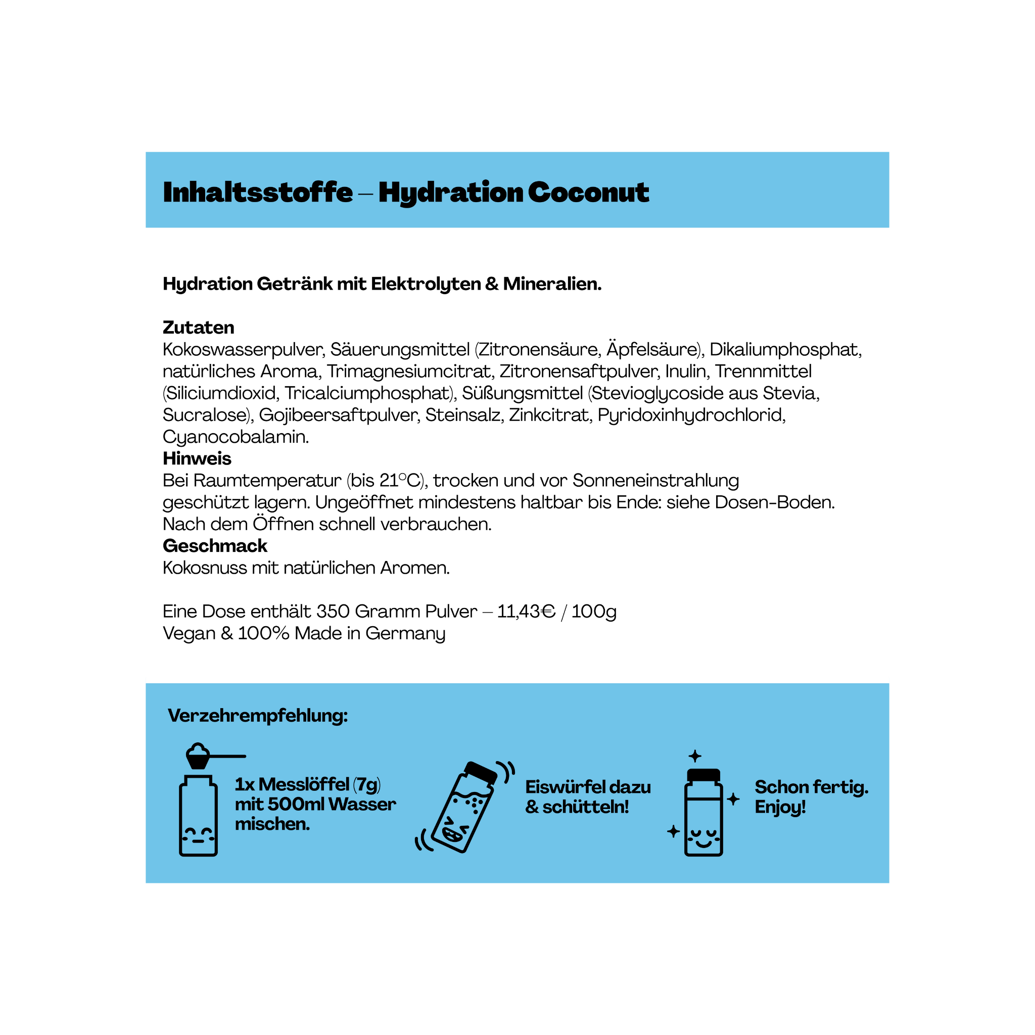 Illustration und Text über die Zutaten und Zubereitung von Hydration Coconut mit Anweisungen zur Verwendung.