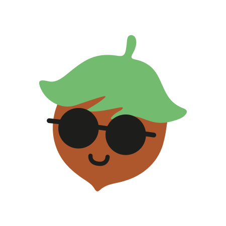 Eine stilisierte Eichel mit grüner Kappe und Sonnenbrille, die lächelt.