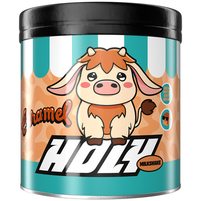 Pappdose mit Caramel-Motiv und niedlichem Cartoon-Kuhdesign, umgeben von blau-weißen Streifen.