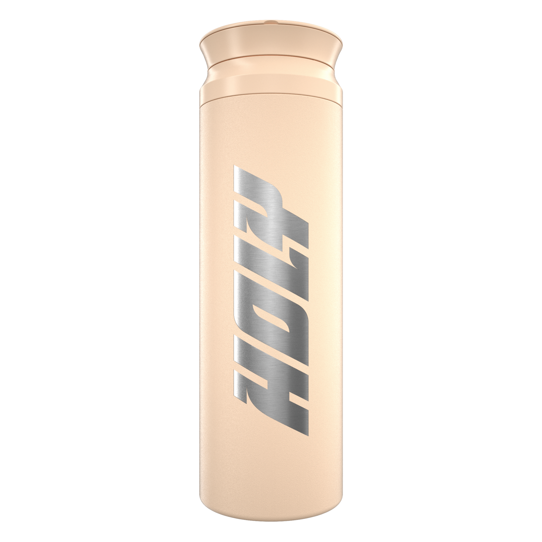 Beige Shaker mit großem, silbernem Schriftzug auf der Vorderseite.
