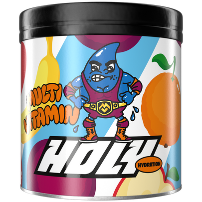 Pappdose mit buntem Comic-Design, auf der ein blauer Tropfen im Superheldenkostüm abgebildet ist.