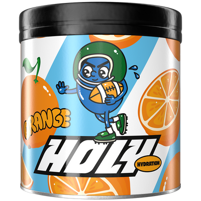 Bunte Pappdose mit Zeichnung eines Football spielenden Charakters und Orangenmotiv.