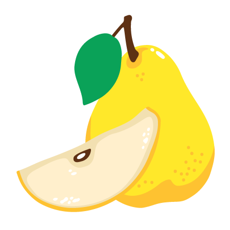 Gelbe Birne mit grünem Blatt und einer Birnenscheibe davor auf weißem Hintergrund.