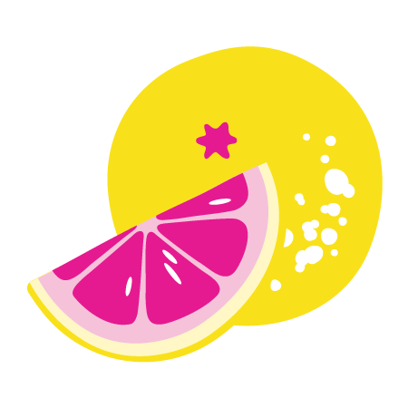 Illustration einer gelben Grapefruit mit einem pinken Segment, das Saft spritzt.